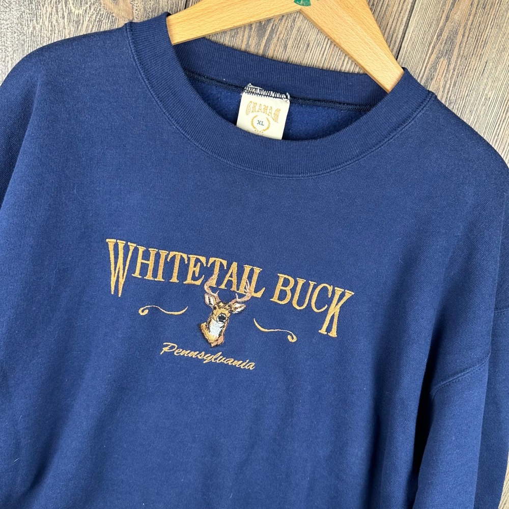 Vintage 90s Whitetail Buck Pennsylvania Sweatshirt XL Navy Made in USA Graham